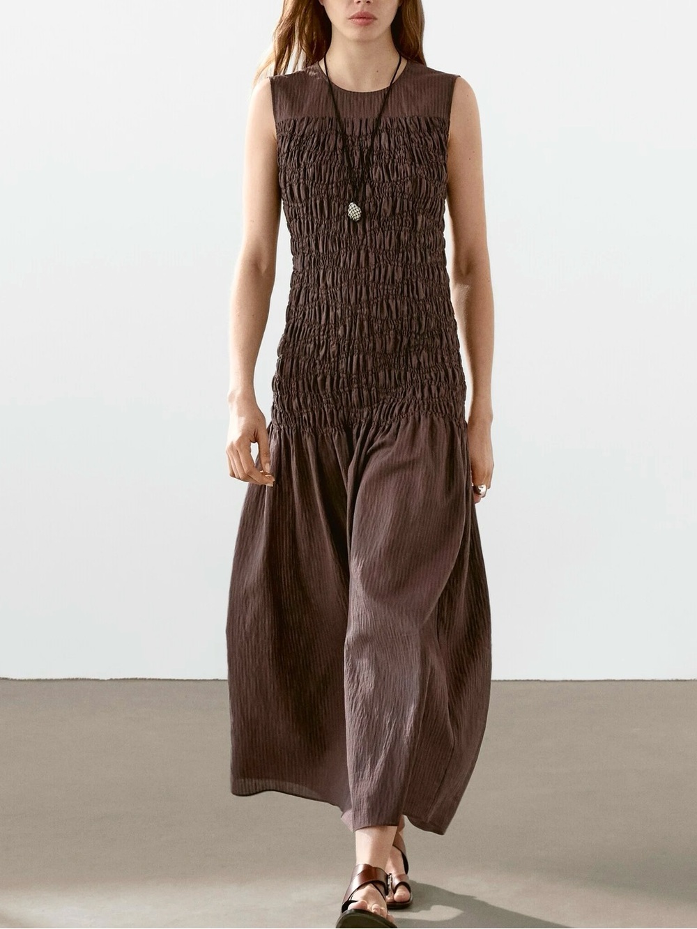 Nwt Massimo Dutti Shirred w/Flounce Maxi Brown